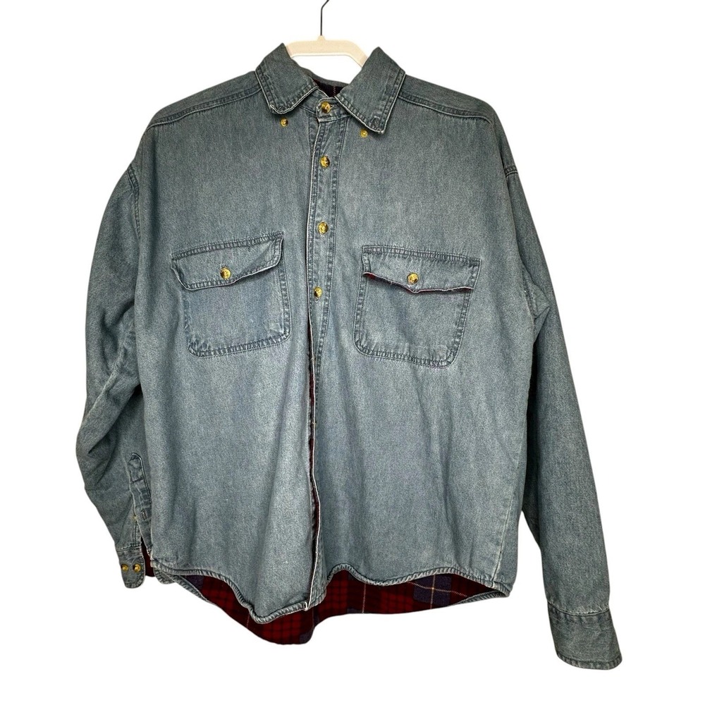 Open Trails Denim Flannel Lined‎ Shirt Jacket Blue Plaid Men's Large